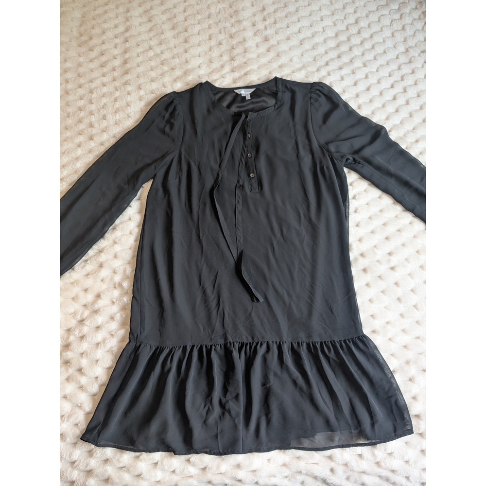Draper‎ James Dress Sheer Long Sleeve Ruffle Hem Tie Neck Black Size M